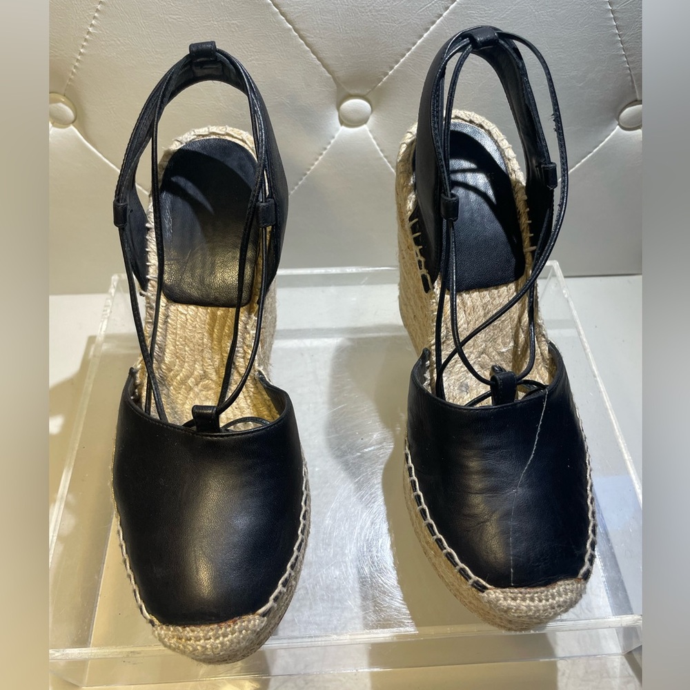 Saint Laurent plaform Espadrille wedge sandals black leather sz 38